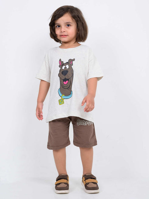 Oversized Scooby Vibes Cotton Short Set (Off-White & Brown)