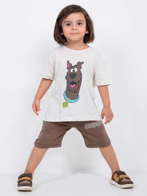 Oversized Scooby Vibes Cotton Short Set (Off-White & Brown)