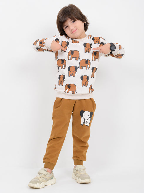 The Elephant Themed Fleece Suit (Ivory & Brown)