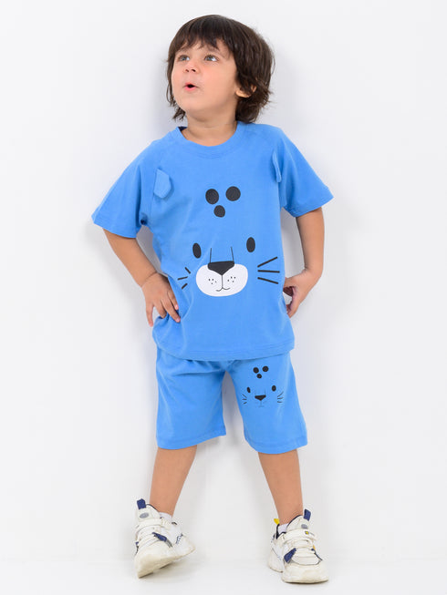 Bear Themed Raglan Sleeves Cotton Short Set (Blue)