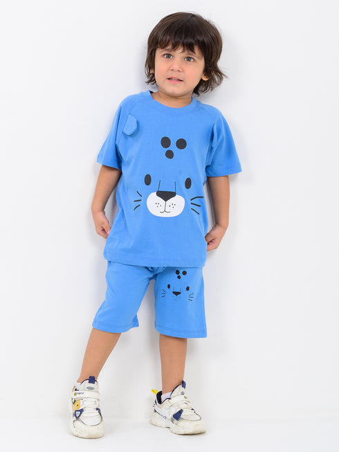 Bear Themed Raglan Sleeves Cotton Short Set (Blue)