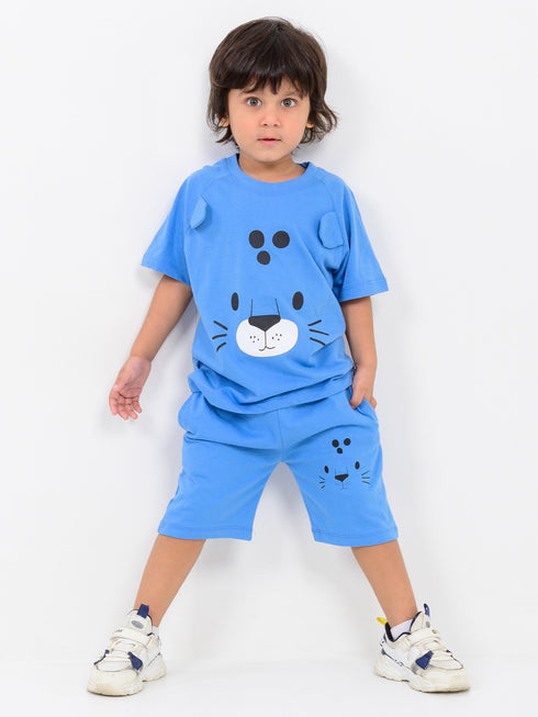 Bear Themed Raglan Sleeves Cotton Short Set (Blue)