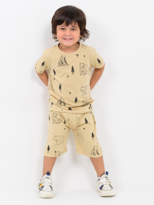 Forest Bear Themed Cotton Short Set (Beige)