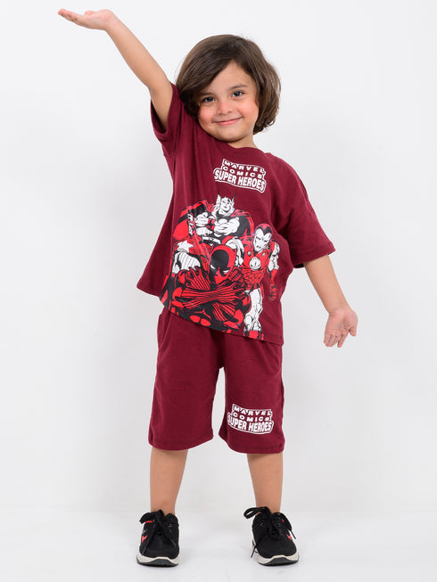 Oversized Marvel Heroes Cotton Short Set (Heroic Maroon)