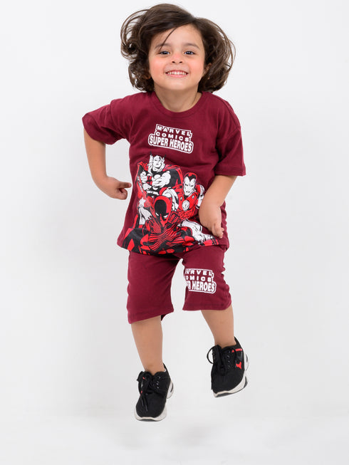 Oversized Marvel Heroes Cotton Short Set (Heroic Maroon)