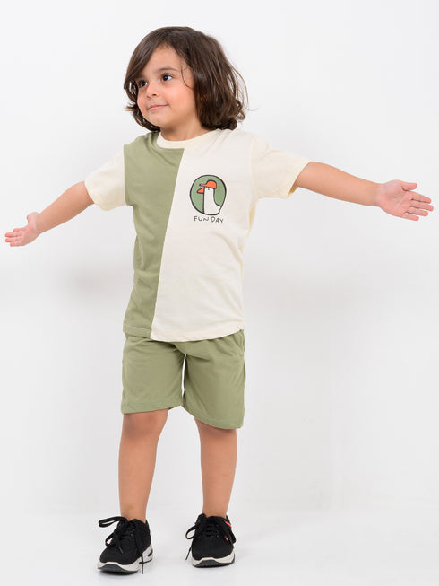 Fun Day Colorblock Cotton Short Set (Olive-Vanilla)