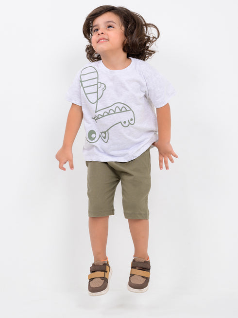 Oversized Croc & Roll Cotton Short Set (Light Grey-Muddy Olive)