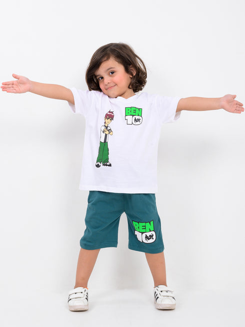 Oversized Ben 10 Cotton Short Set (White-Teal Green)
