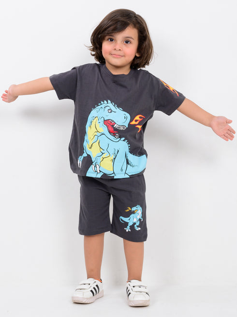 Oversized Mighty Dino Cotton Short Set (Charcoal Grey)