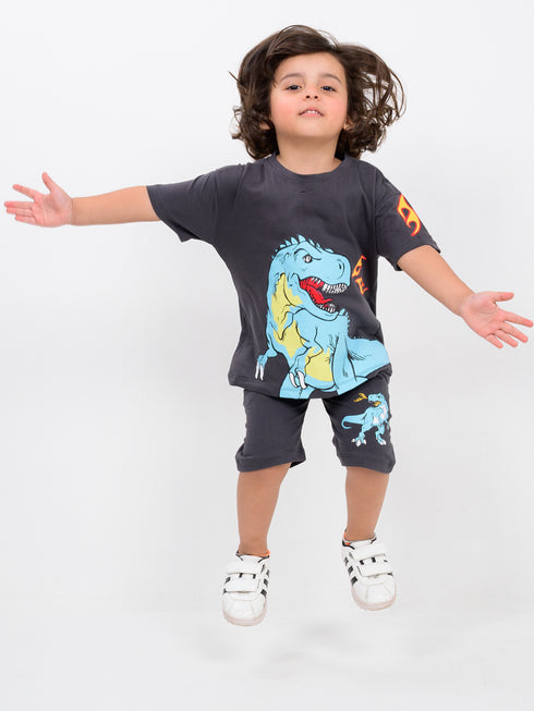 Oversized Mighty Dino Cotton Short Set (Charcoal Grey)