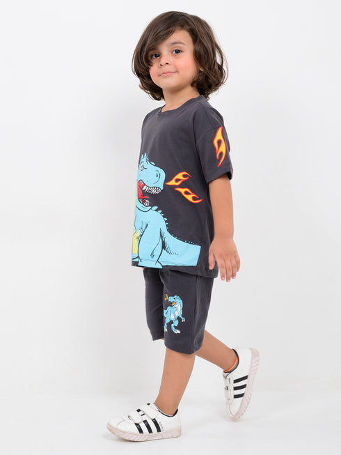 Oversized Mighty Dino Cotton Short Set (Charcoal Grey)