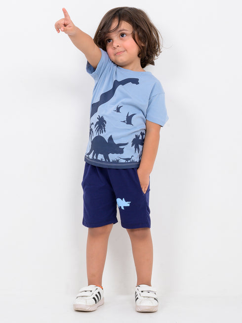 Dino Explorer Cotton Short Set (Light Blue-Navy Blue)