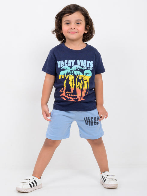 Sunset Suf Vibes Cotton Short Set (Navy-Sky Blue)