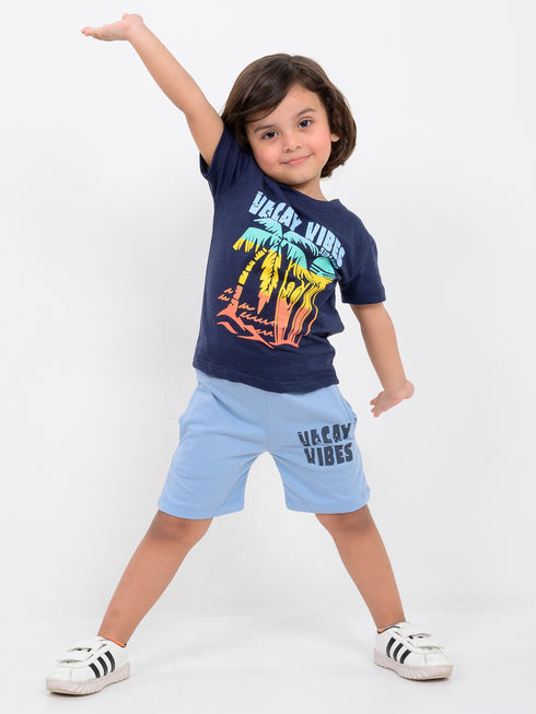 Sunset Suf Vibes Cotton Short Set (Navy-Sky Blue)