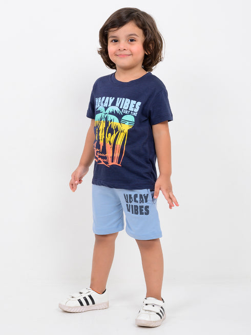 Sunset Suf Vibes Cotton Short Set (Navy-Sky Blue)
