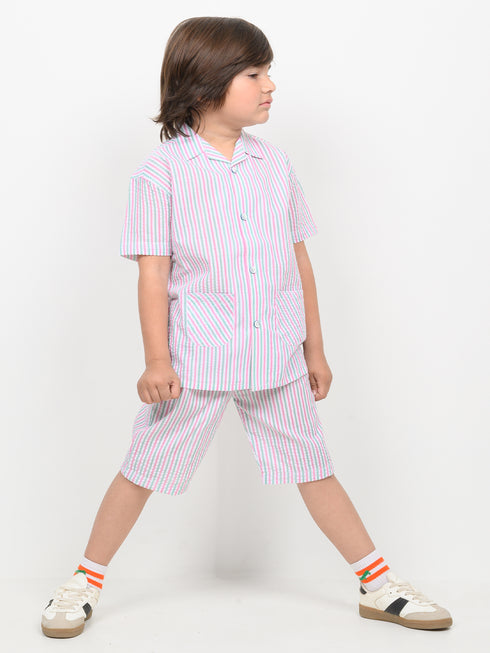 Imported Crinkle Cotton 2 Piece Short Set (Mint & Pink Stripe)