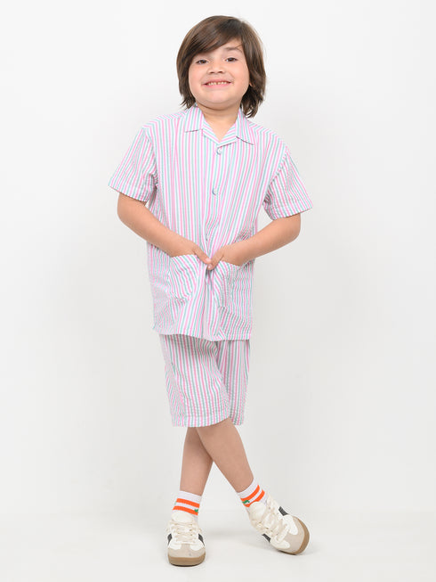 Imported Crinkle Cotton 2 Piece Short Set (Mint & Pink Stripe)