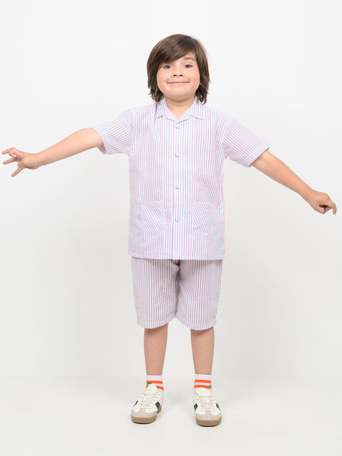 Imported Crinkle Cotton 2 Piece Short Set (Mint & Pink Stripe)