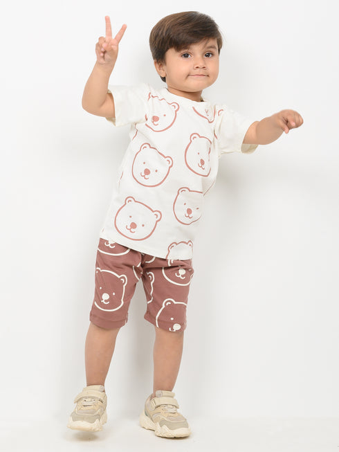 Teddy Bear Play Cotton Short Set (Off-White & Brown)