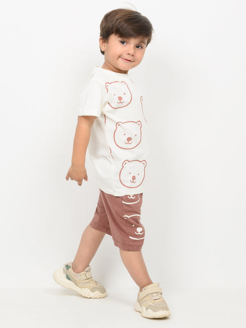 Teddy Bear Play Cotton Short Set (Off-White & Brown)