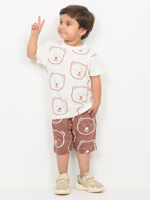 Teddy Bear Play Cotton Short Set (Off-White & Brown)