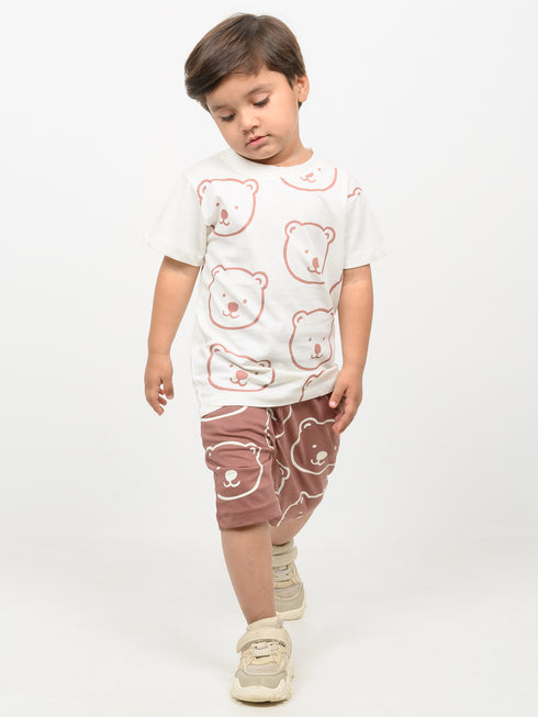 Teddy Bear Play Cotton Short Set (Off-White & Brown)