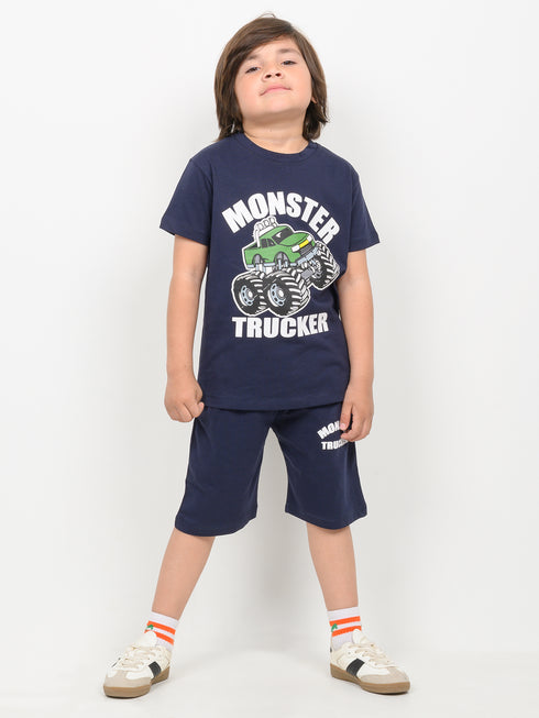 Monster Trucker Cotton Short Set (Navy Blue)