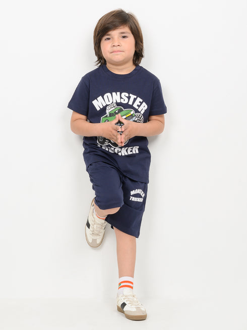 Monster Trucker Cotton Short Set (Navy Blue)