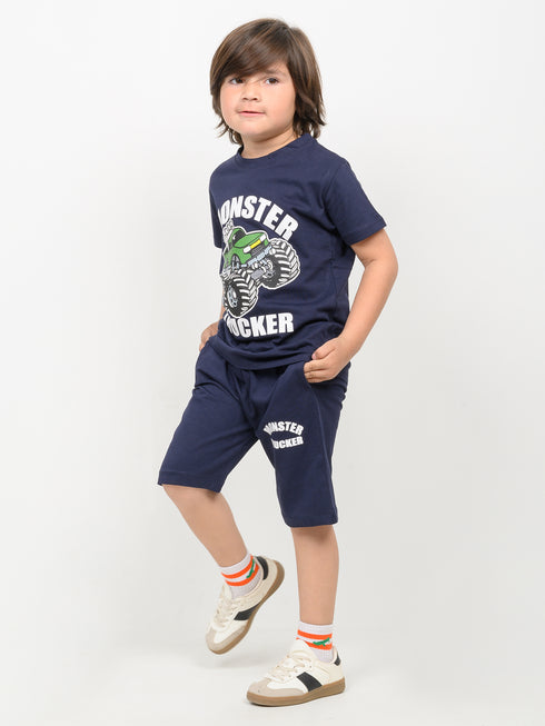 Monster Trucker Cotton Short Set (Navy Blue)
