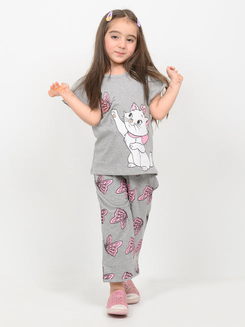 Frill Sleeves Kitty Butterfly Cotton Trouser Set (Light Grey)