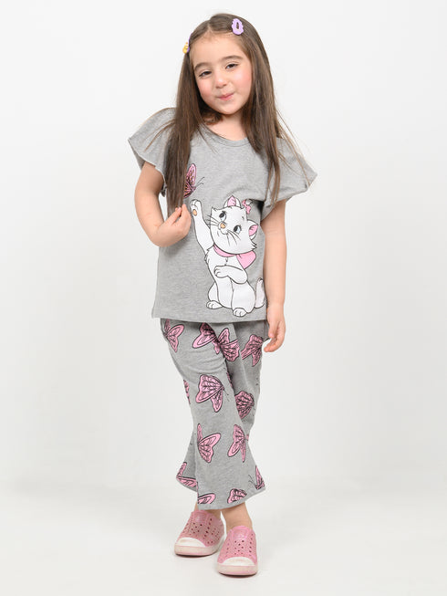 Frill Sleeves Kitty Butterfly Cotton Trouser Set (Light Grey)