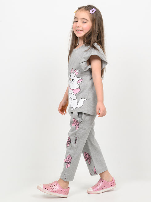 Frill Sleeves Kitty Butterfly Cotton Trouser Set (Light Grey)