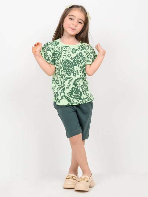 Frill Sleeves Floral Garden Cotton Short Set (Light & Dark Green)