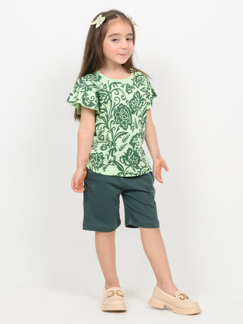 Frill Sleeves Floral Garden Cotton Short Set (Light & Dark Green)