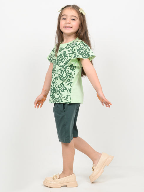 Frill Sleeves Floral Garden Cotton Short Set (Light & Dark Green)