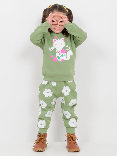 Blooming Kitty Fleece Suit (Soft Green)