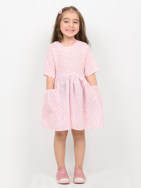 Imported Cotton Linen Pink Posy Frock (Soft Pink)