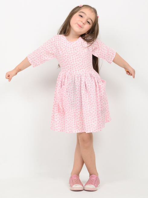 Imported Cotton Linen Pink Posy Frock (Soft Pink)