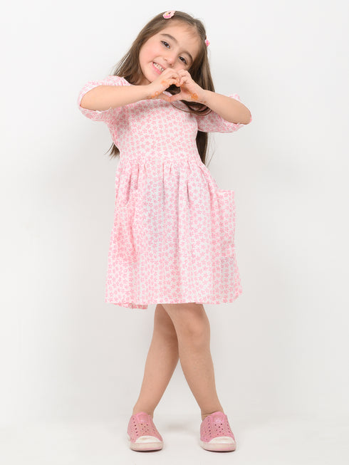 Imported Cotton Linen Pink Posy Frock (Soft Pink)