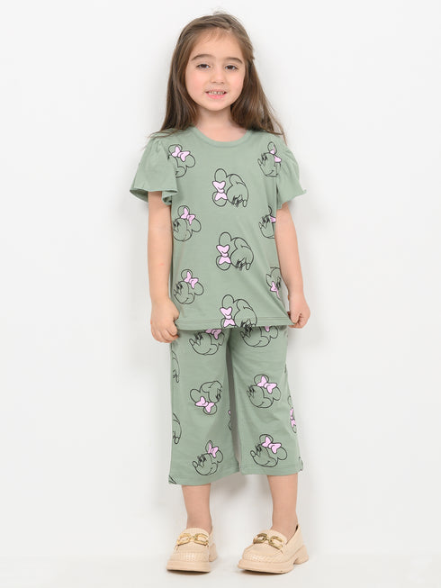 Frill Sleeves Mini Bow Cotton Trouser Set (Soft Green)