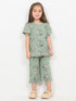 Frill Sleeves Mini Bow Cotton Trouser Set (Soft Green)