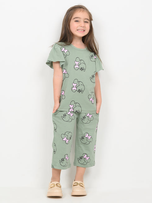 Frill Sleeves Mini Bow Cotton Trouser Set (Soft Green)