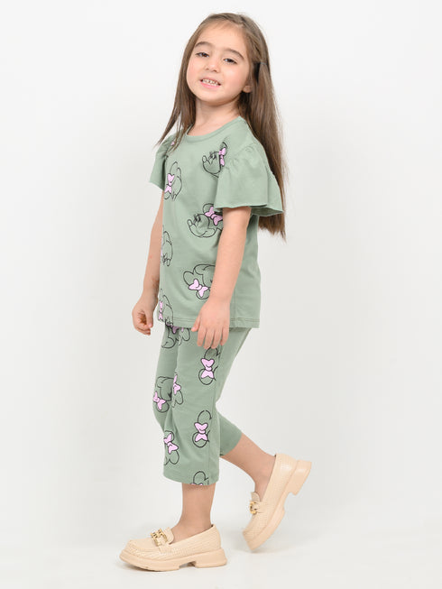 Frill Sleeves Mini Bow Cotton Trouser Set (Soft Green)