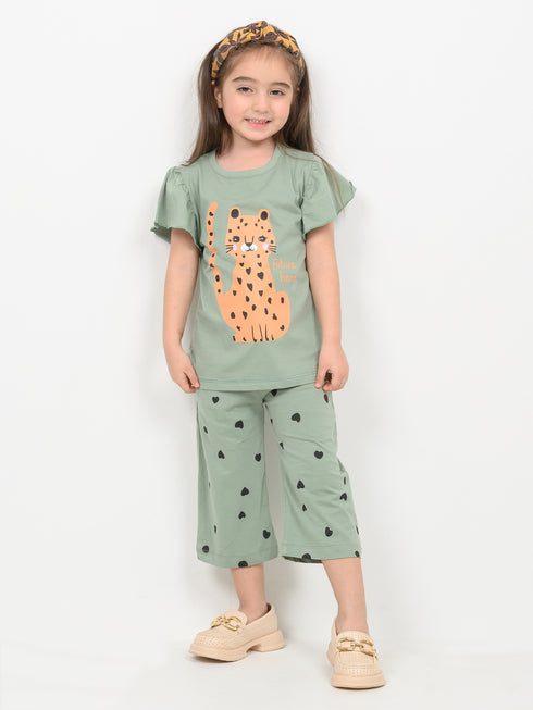 Frill Sleeves Baby Leopard Cotton Trouser Set (Soft Green)