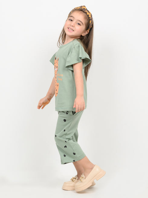 Frill Sleeves Baby Leopard Cotton Trouser Set (Soft Green)
