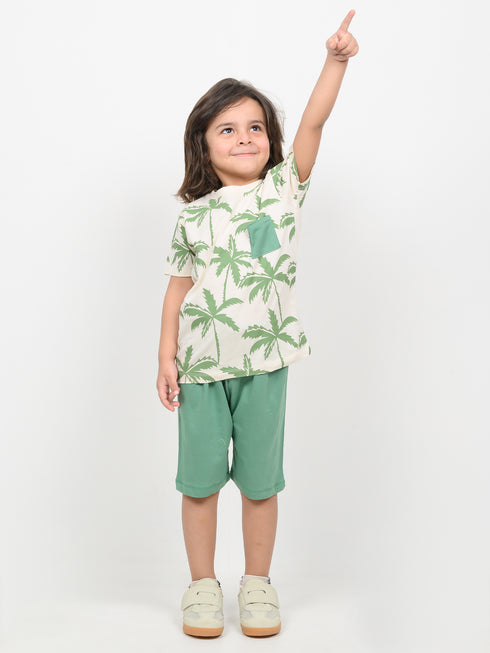 The Palmside Picnic Cotton Short Set (Cream & Bright Green)