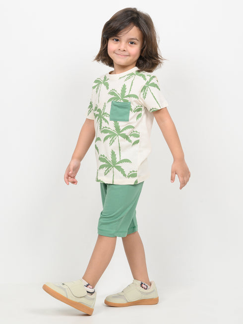 The Palmside Picnic Cotton Short Set (Cream & Bright Green)