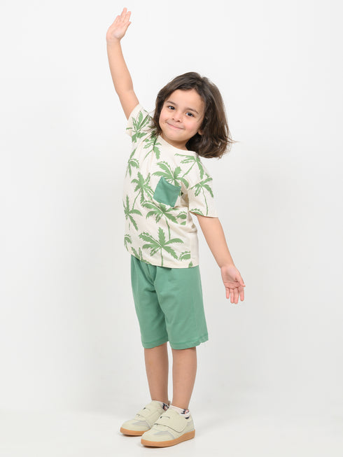 The Palmside Picnic Cotton Short Set (Cream & Bright Green)