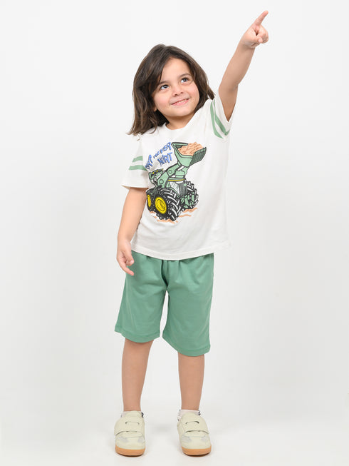 Little Tractor Cotton Short Set (White & Green)