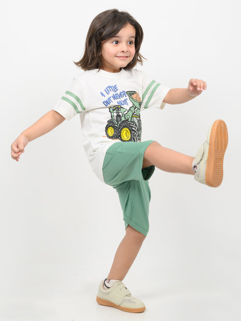 Little Tractor Cotton Short Set (White & Green)